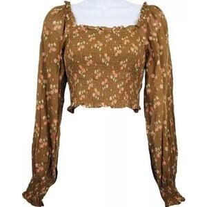Aerie Crop Top Long Puff Sleeve Floral Print Smocked Ruffle Square Neck Brown S